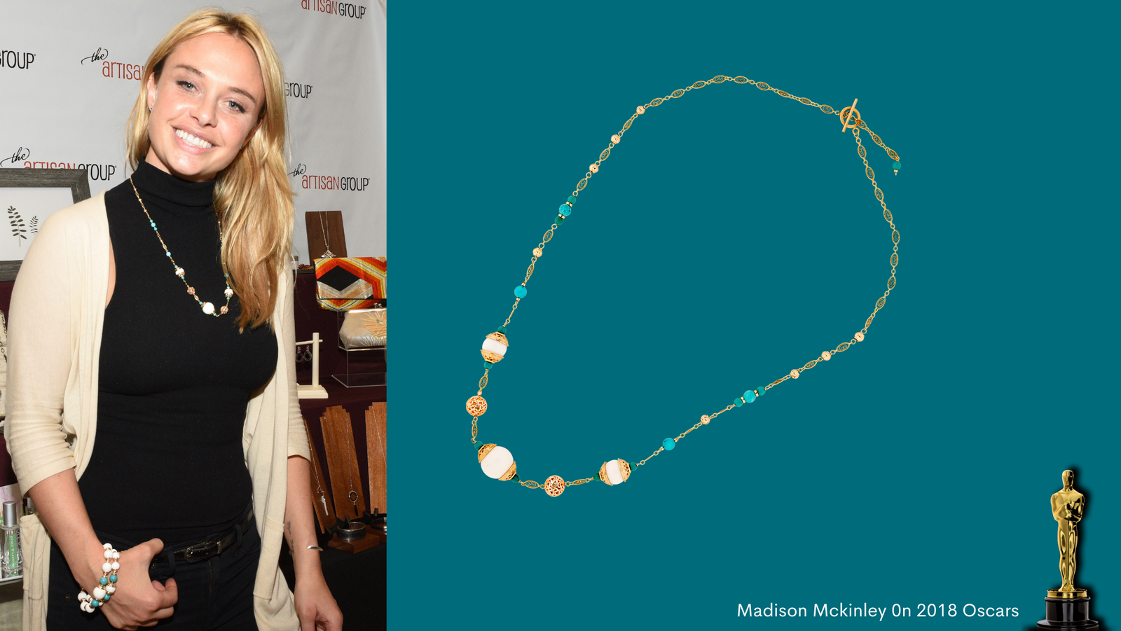 Madison Mckinley of The Wolf of Wall Street Wearing Yun Boutique Realm of Peace Necklace in 2018 Pre-Oscars Luxury Gifting Lounge 