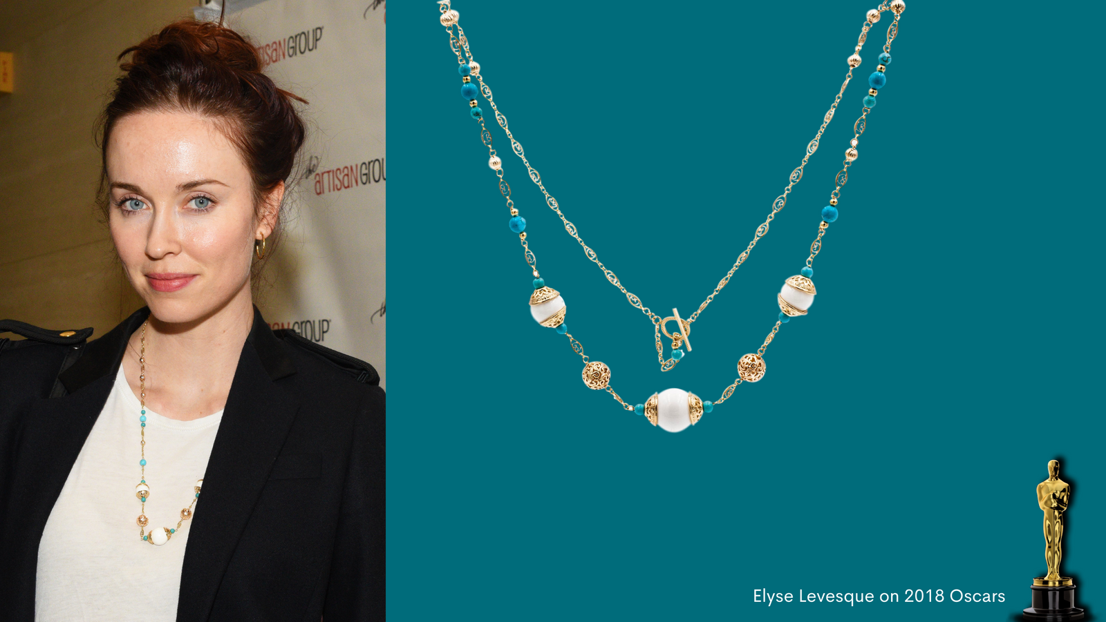Elyse Levesque of Stargate Universe Wearing Yun Boutique Realm of Peace Necklace in 2018 Pre-Oscars Luxury Gifting Lounge