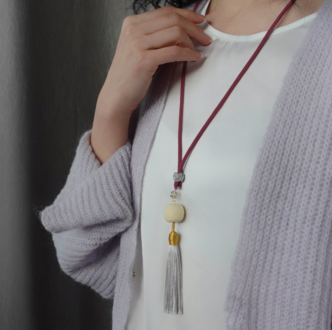 Cord Tassel Necklace with Ivory Nut Auspicious Cloud Model