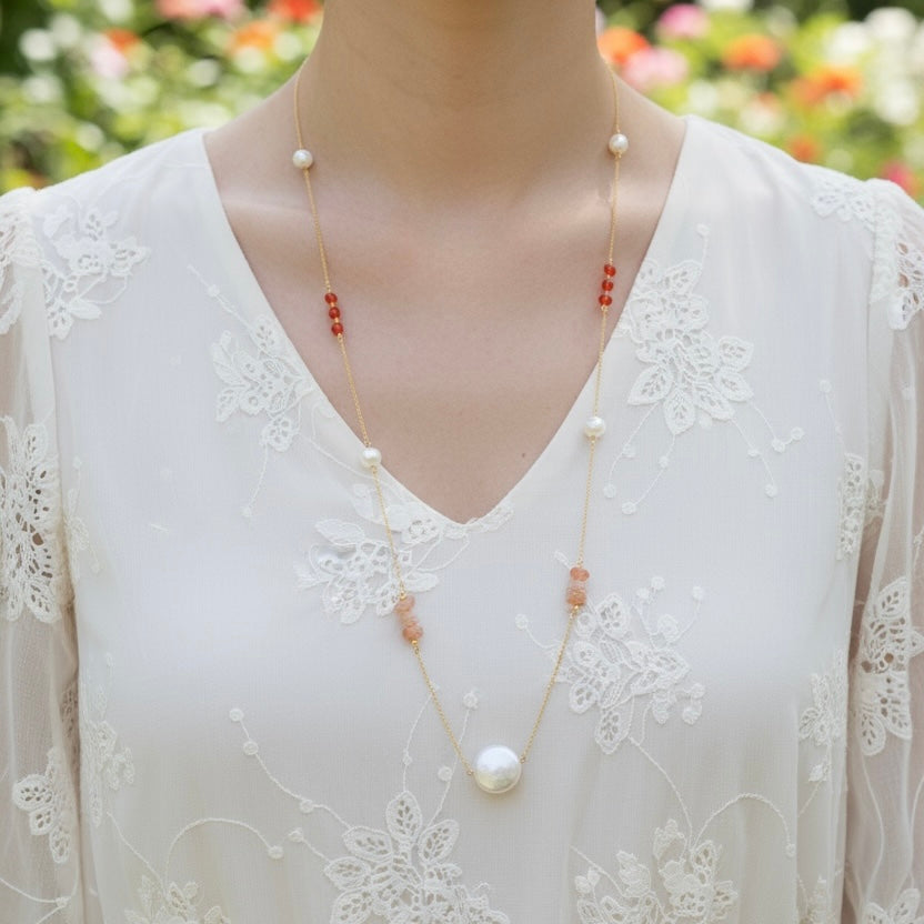 Summer Sunstone and Pearl Long Necklace - Yun Boutique