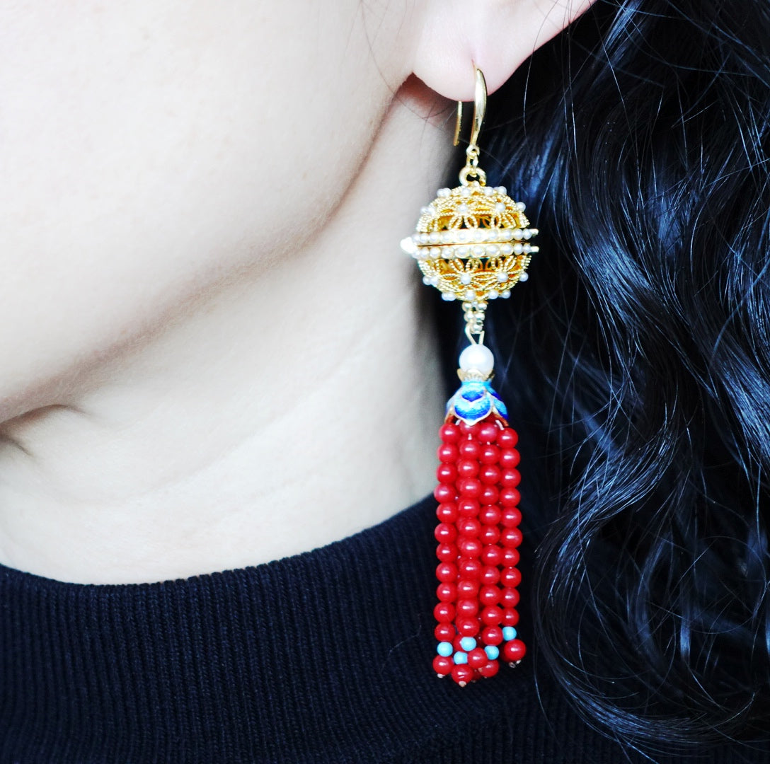 Herbal Locket Gemstone Tassel Earrings - Red Coral