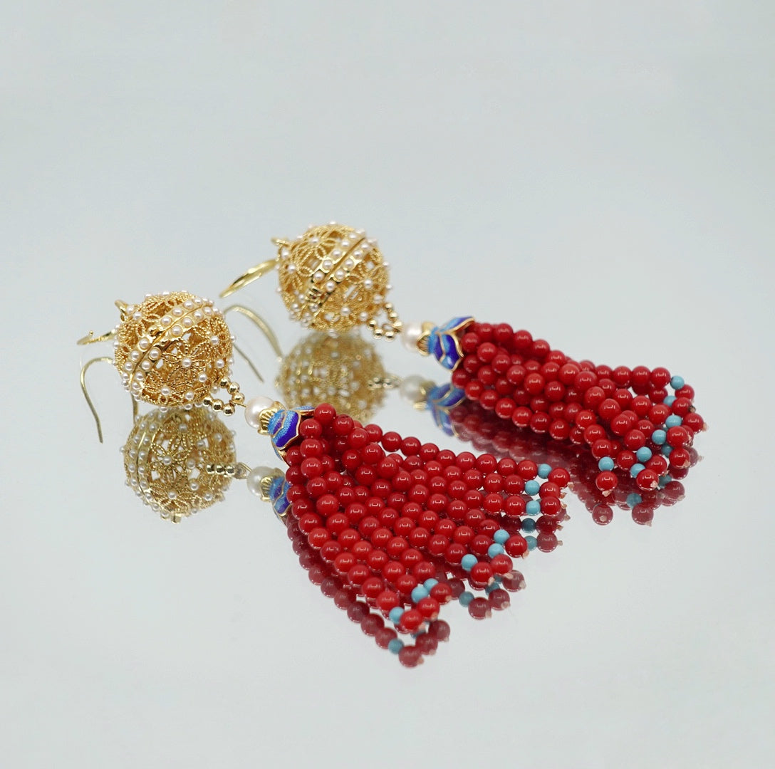 Herbal Locket Gemstone Tassel Earrings - Red Coral