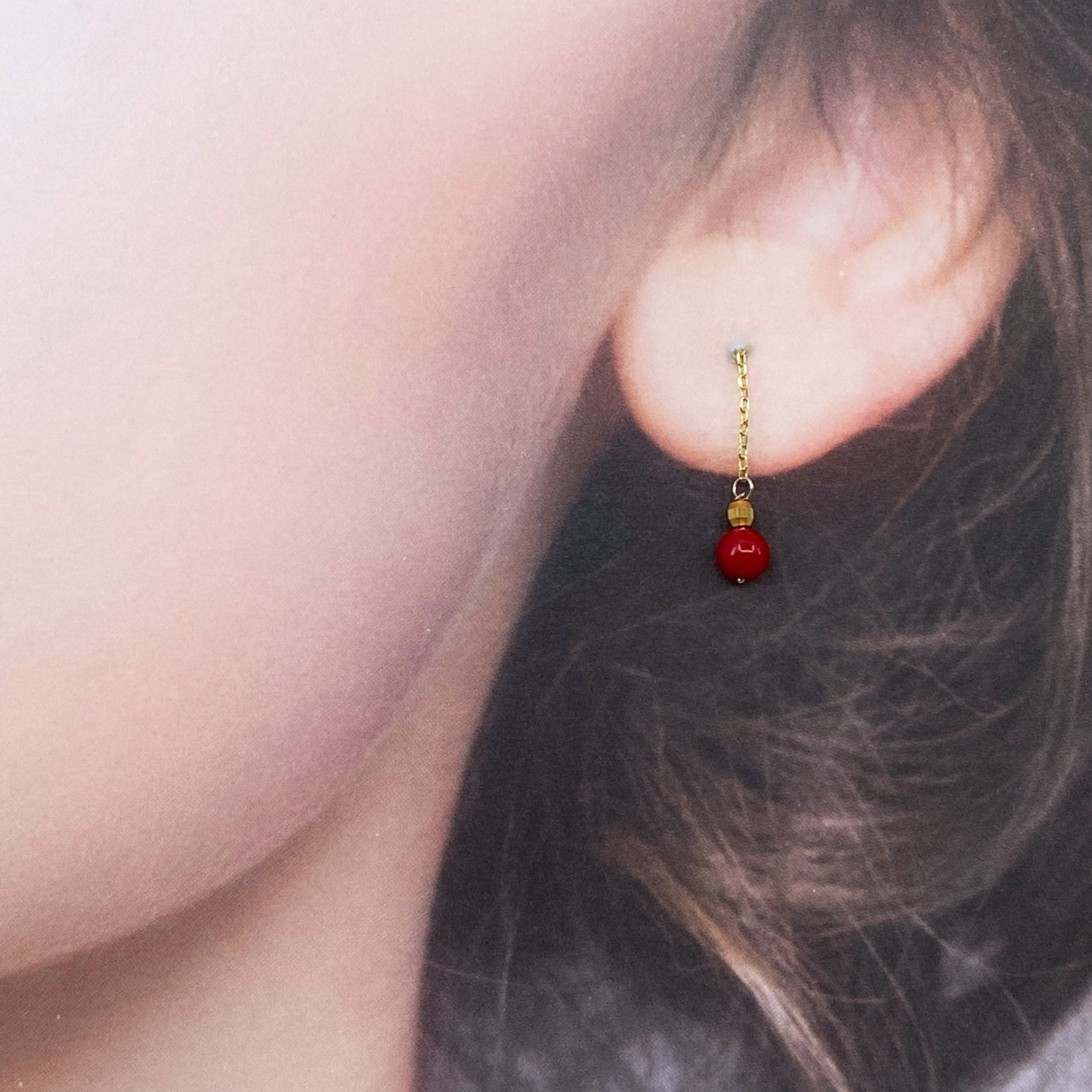 Gold Red Coral Thread Earrings in Sterling Silver - Yun Boutique