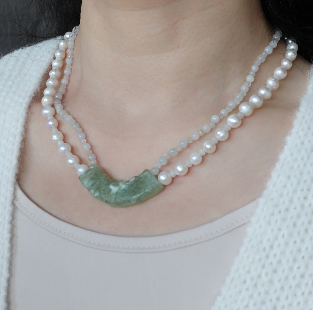 Auspicious Clouds Mint Jade Huang Beaded Necklace - Yun Boutique