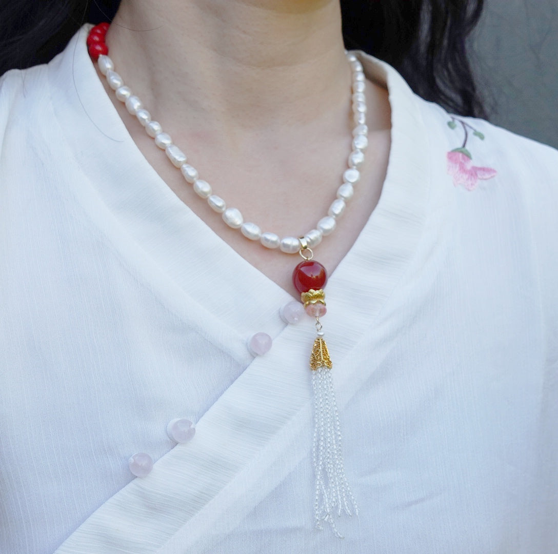 Carnelian Lotus Zircon Tassel Pendant - Yun Boutique