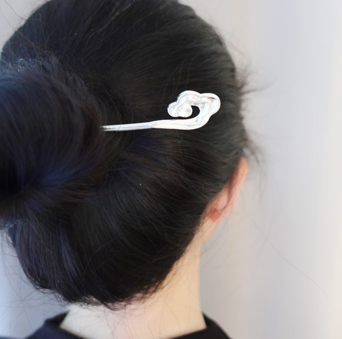 Auspicious Cloud Hair Stick Satin Silver - Yun Boutique