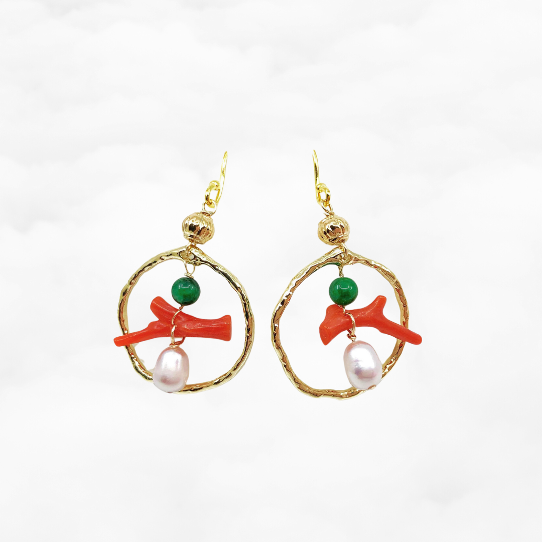 Gold Red Coral Chandelier Earrings - Yun Boutique