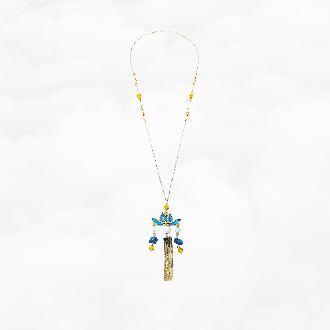 Blue Enamel Lotus Long Necklace - Yun Boutique
