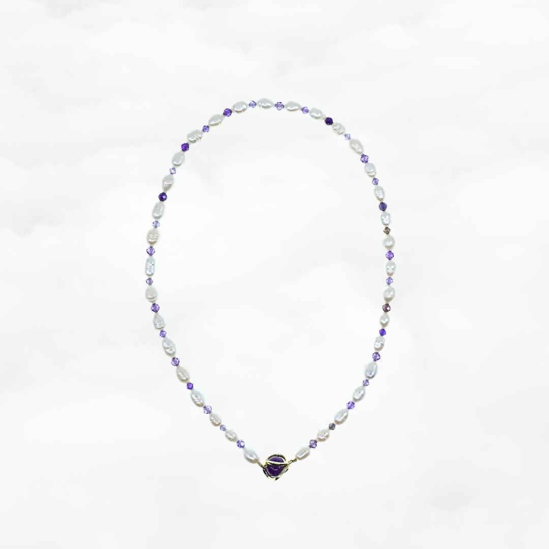 Pearl Necklace with Purple Zirconia - Yun Boutique