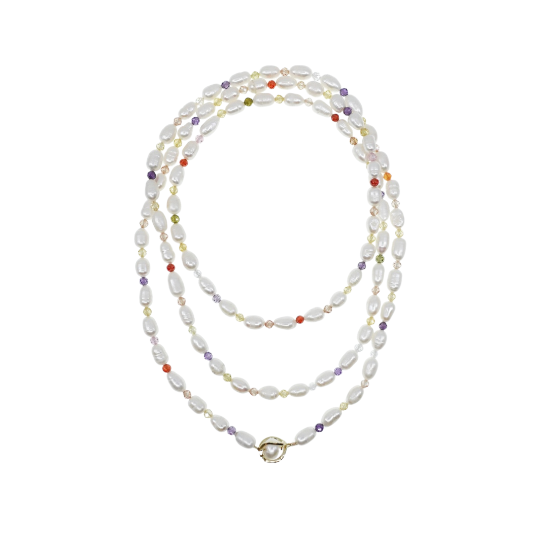 Long Pearl Necklace with Colorful Zirconia