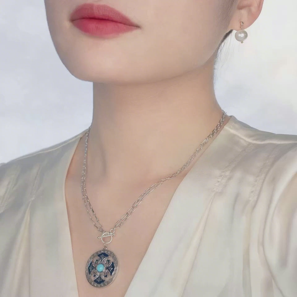 Auspicious Flower Enamel Pendant Necklace Silver - Yun Boutique
