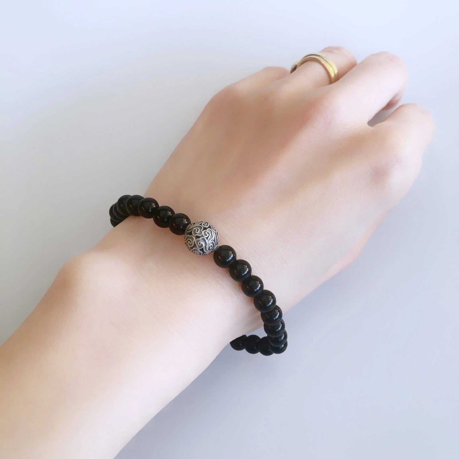 Auspicious Beaded Obsidian Bracelet 6mm Silver - Yun Boutique