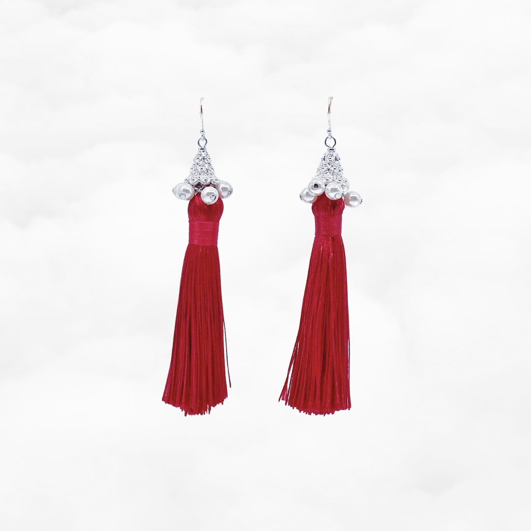 Red Silk Tassel Earrings Silver Medium - Yun Boutique