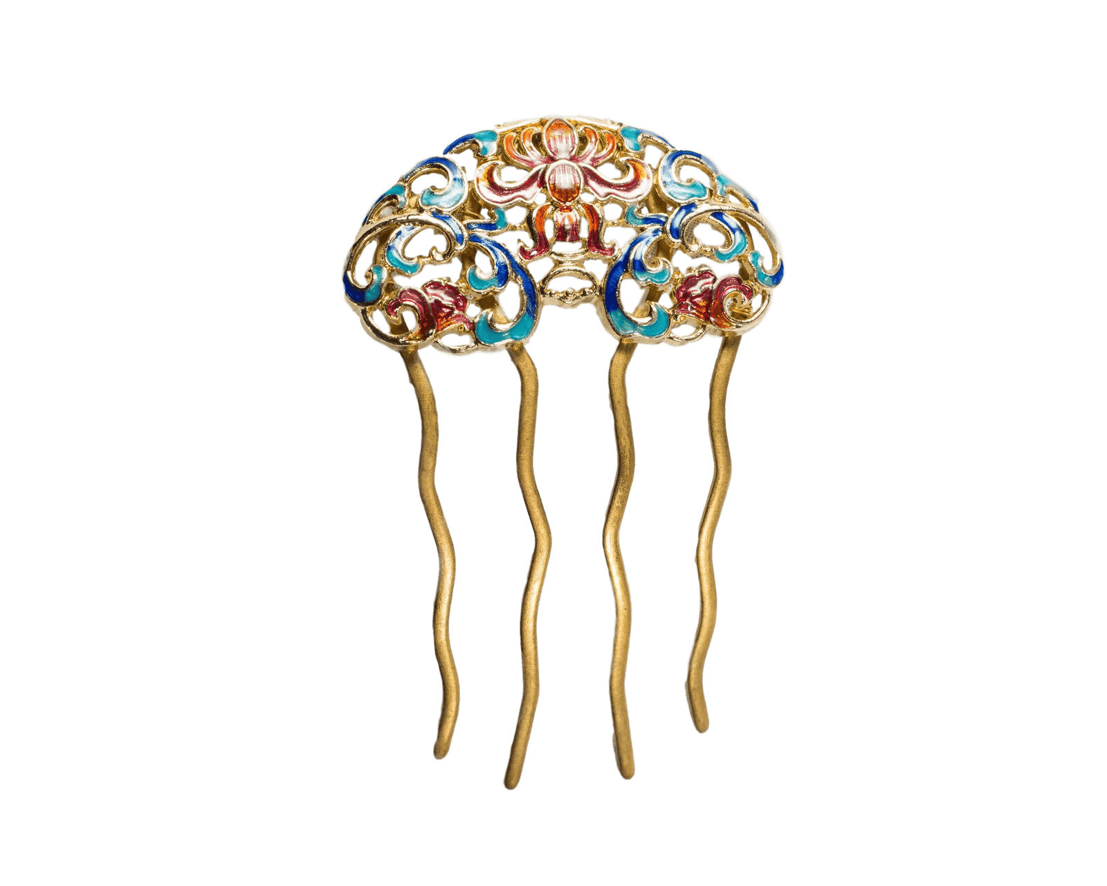 Blue Orange Enamel Peony Hair Comb - Yun Boutique