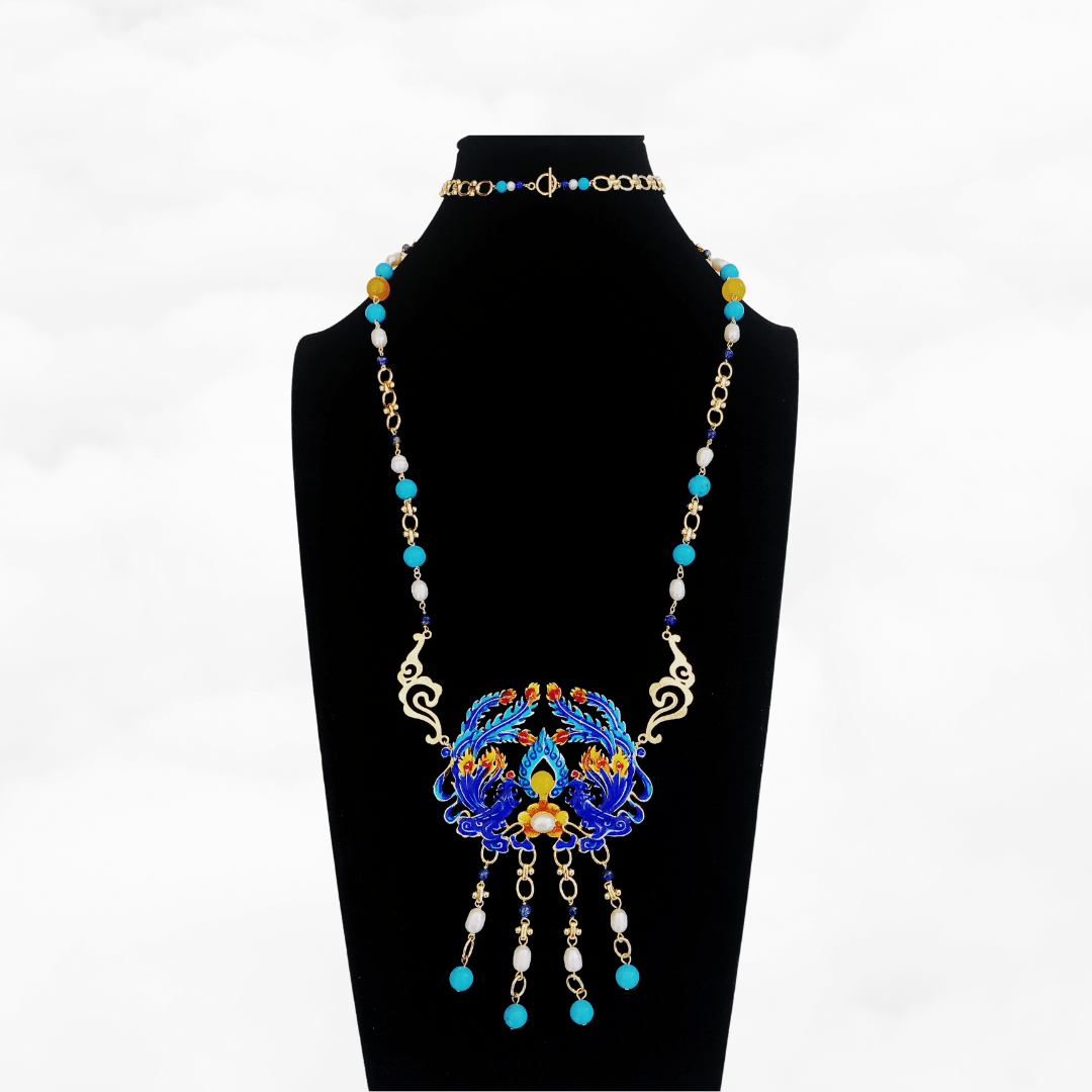 Gold Enamel Phoenix Long Necklace - Yun Boutique