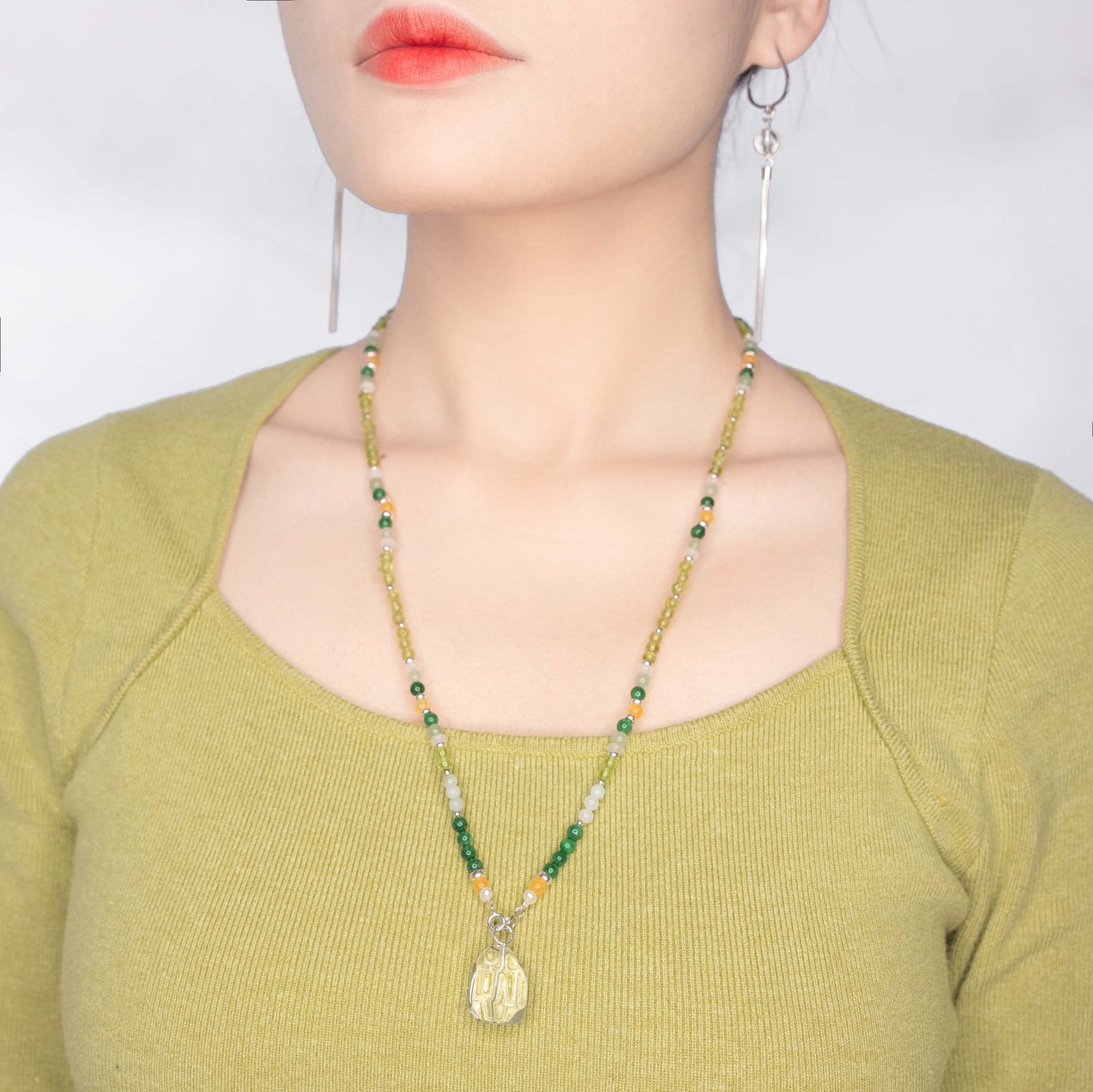 Yun Boutique, Asian Boutique Jewelry from New York. Multistyle, Peridot necklace, August Birthstone necklace, sterling silver necklace, lariat necklace, beaded necklace, green stone necklace, green crystal necklace, green beads necklace, long beaded necklace, crystal beads necklace, handmade necklace, gemstone necklace, crystal necklace for women, healing crystal necklace, real crystal necklace.