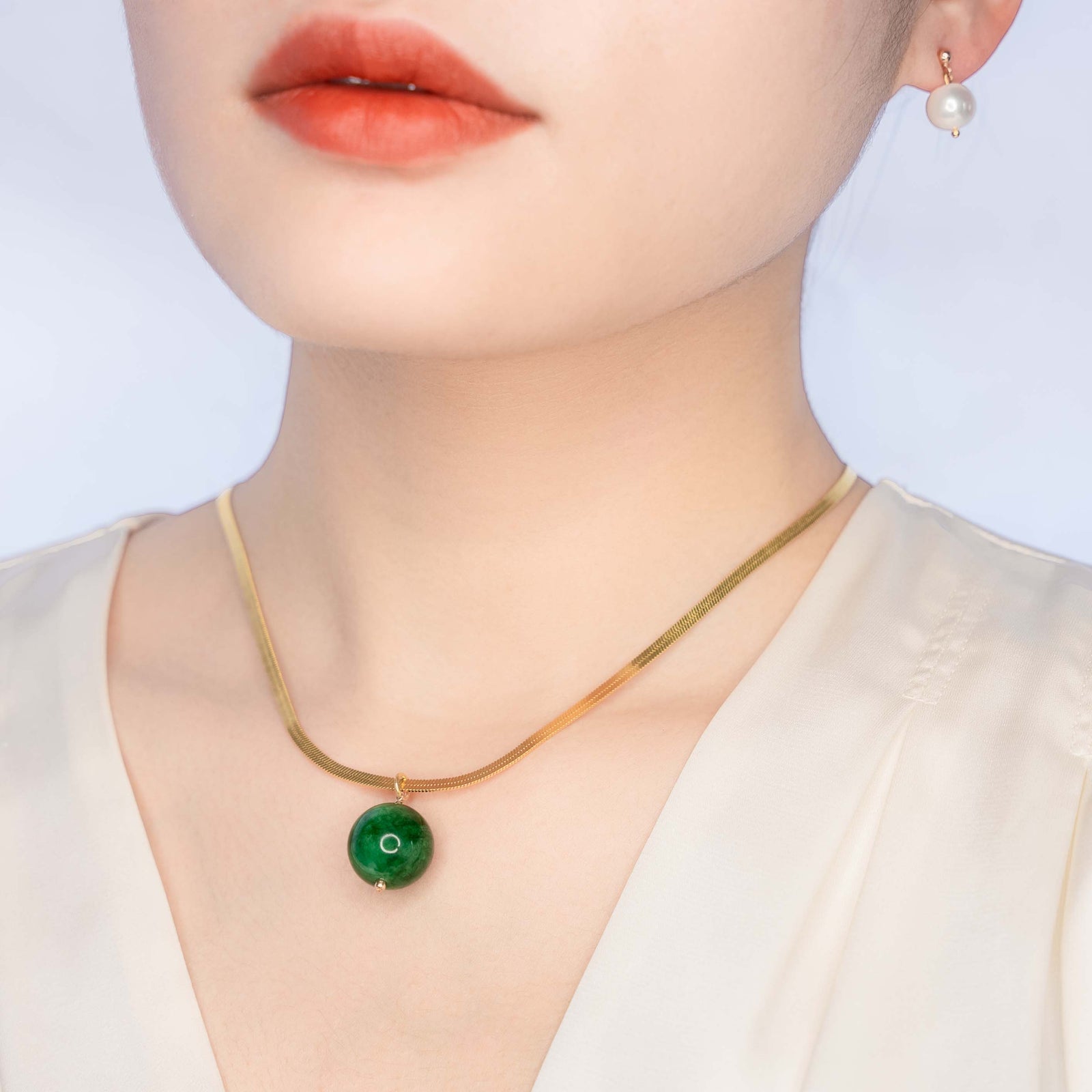 Large Jadeite Pendant Necklace with Gold Herringbone Chain