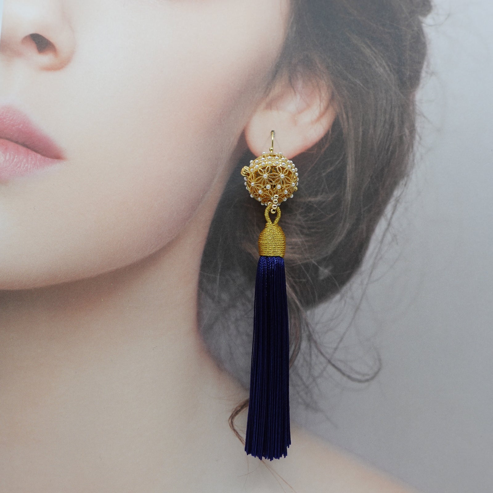 Herbal Locket Silk Tassel Earrings - Navy Blue - Yun Boutique