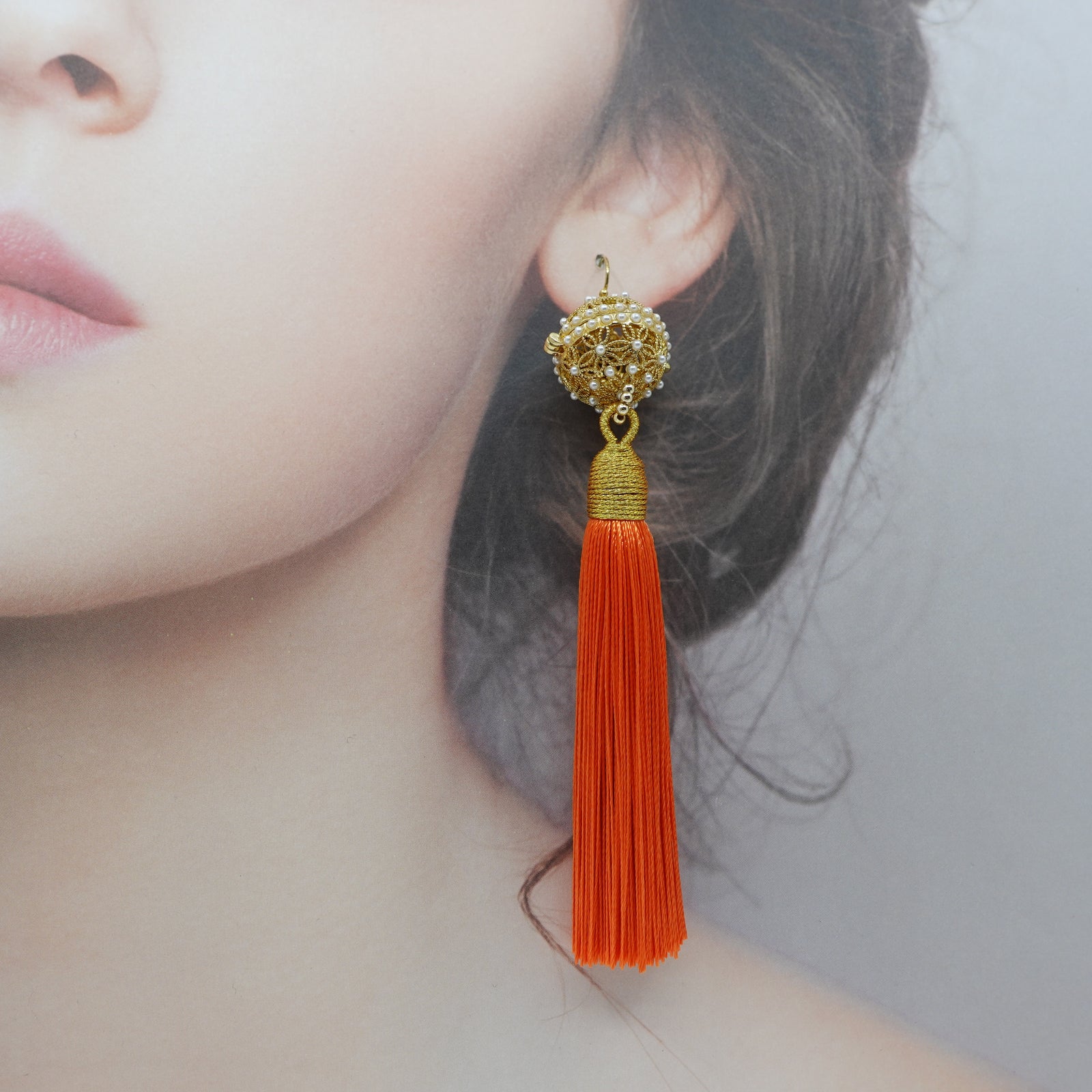 Herbal Locket Silk Tassel Earrings - Orange - Yun Boutique