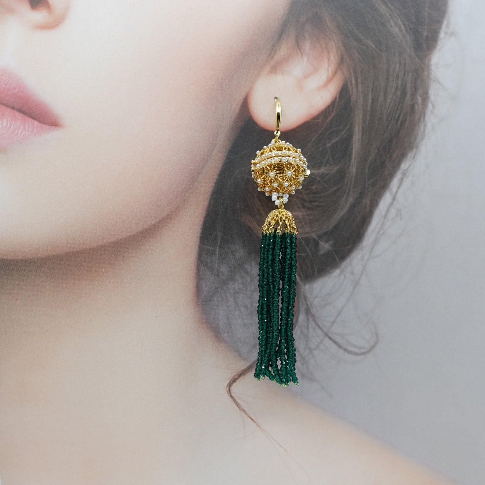 Herbal Locket Crystal Tassel Earrings - Emerald Zirconia - Yun Boutique