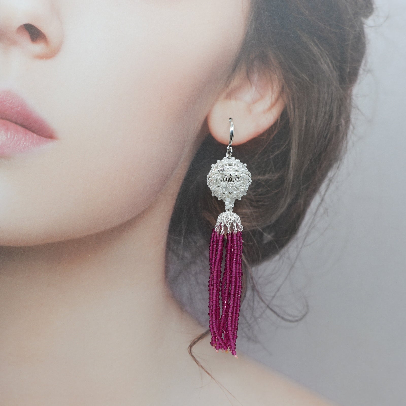 Herbal Locket Crystal Tassel Earrings - Fuchsia Zirconia - Yun Boutique