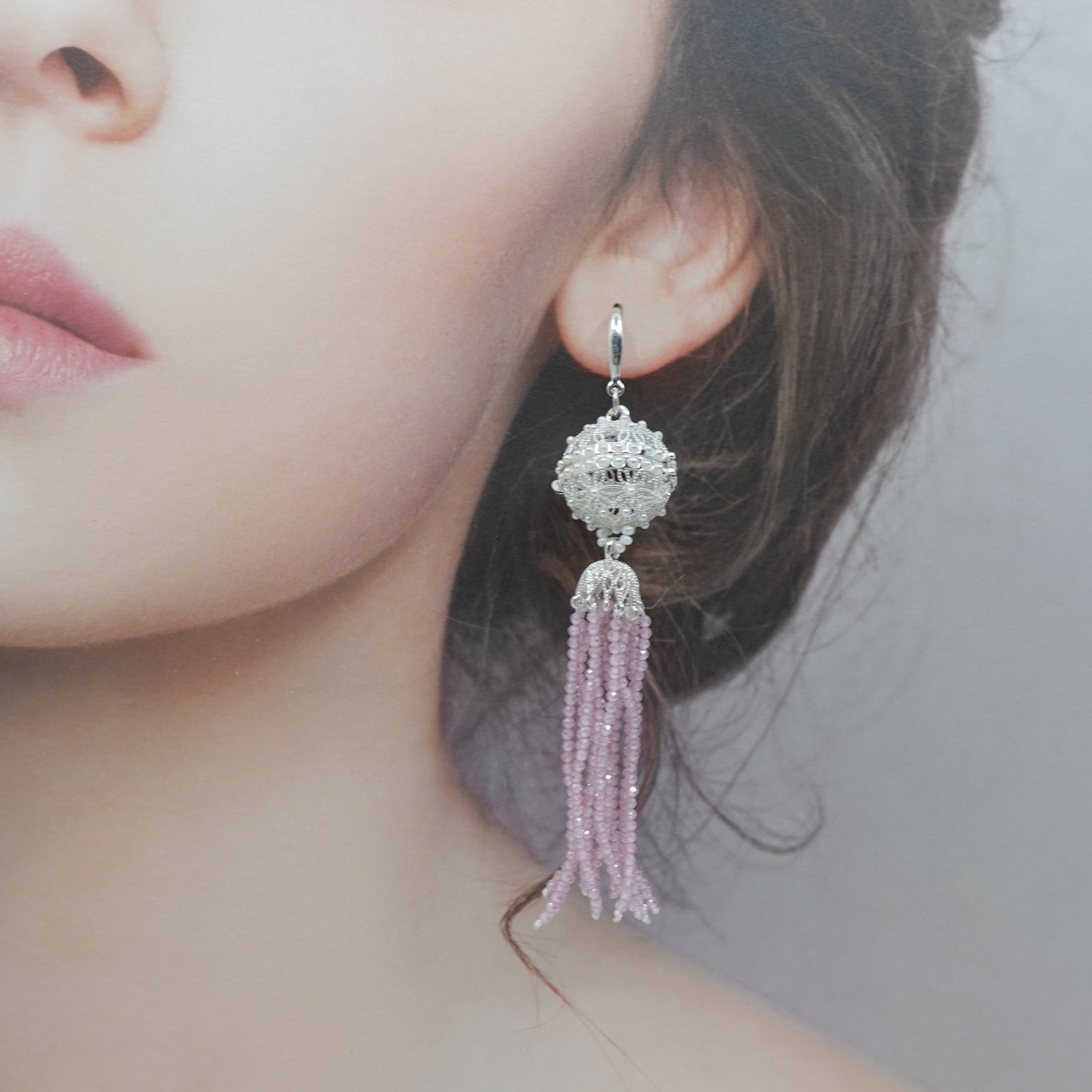 Herbal Locket Crystal Tassel Earrings - Pink Zirconia - Yun Boutique