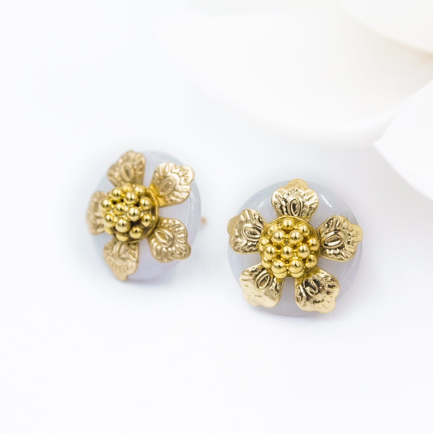 Chinese Vintage Style White Jade Studs