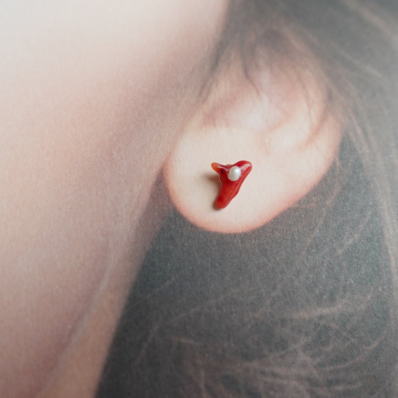 Natural Red Coral and Pearl Asymmetrical Studs - Yun Boutique