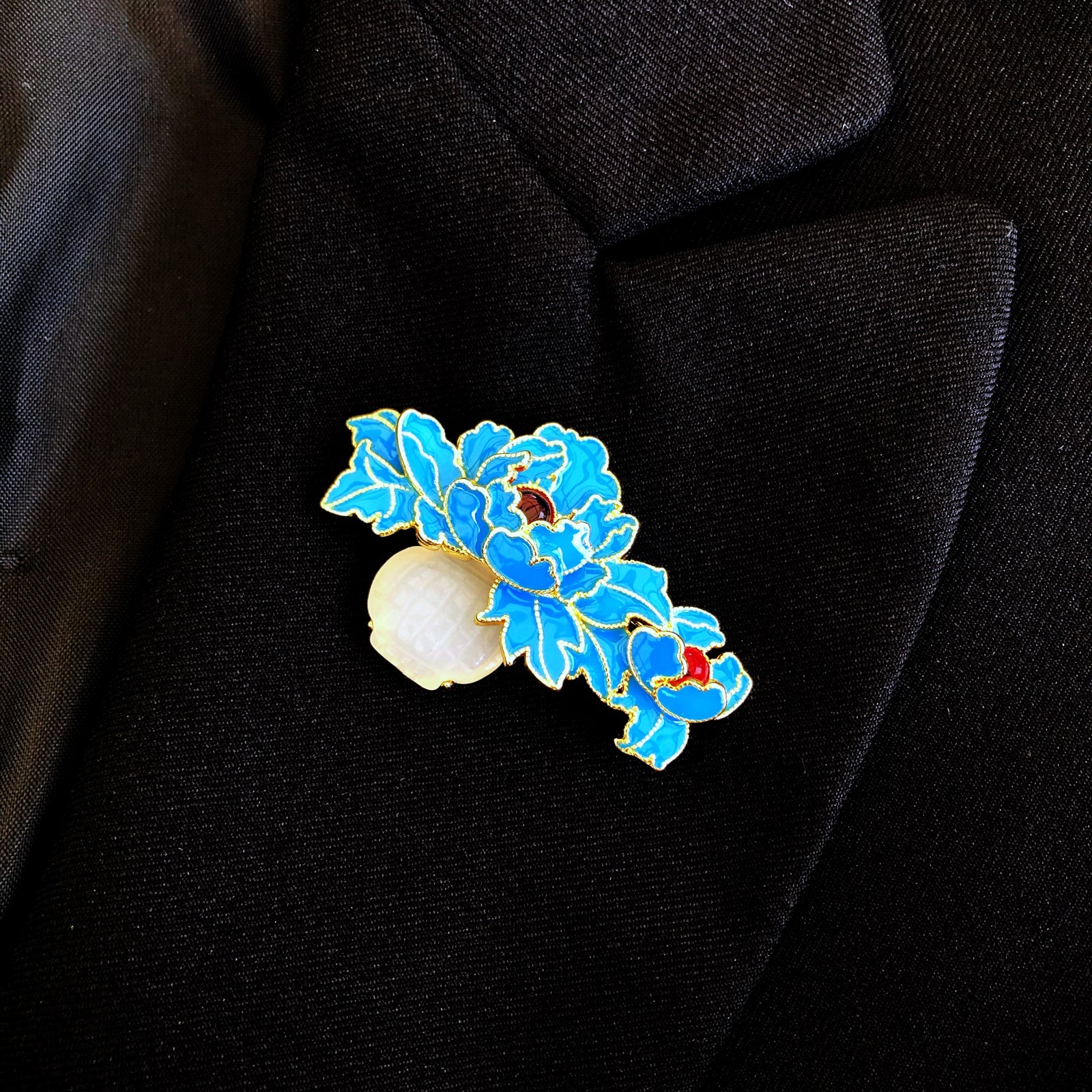 Enamel Tree Peony Brooch with White Jade