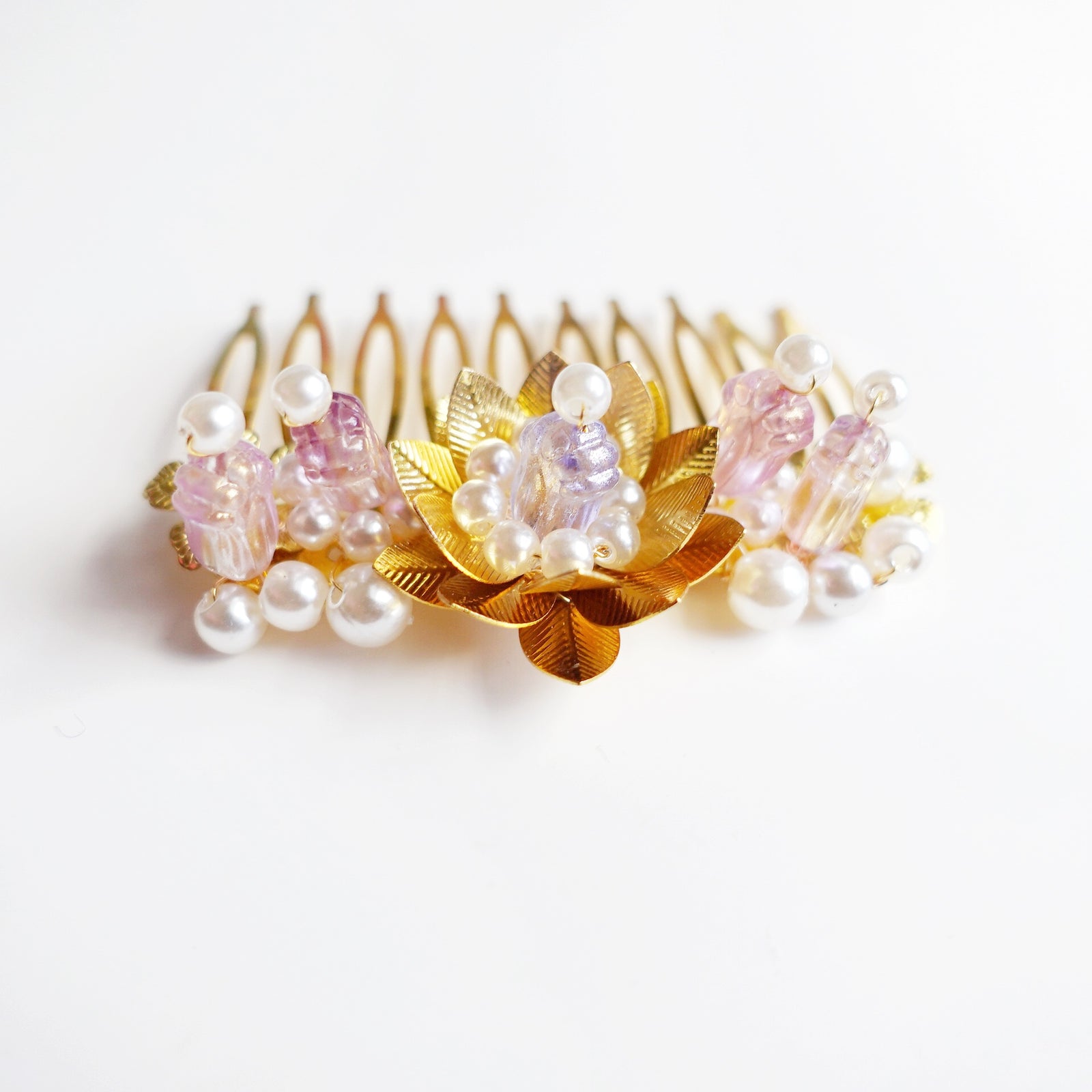 Gold and Pink Lotus Tiara Comb