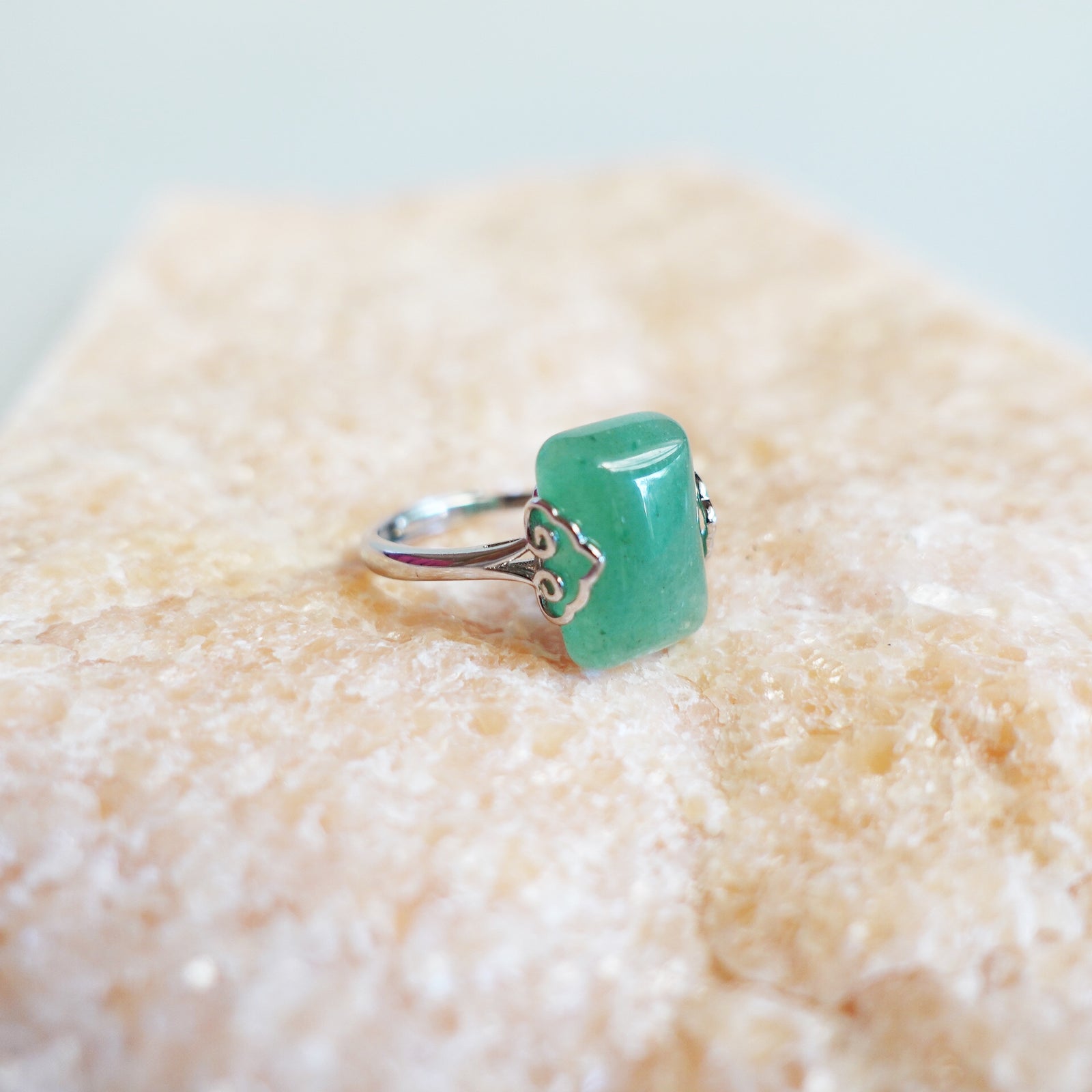 Green Aventurine Ring, Green Gemstone ring, Crystal ring, cocktail ring, sterling silver ring, vintage ring, silver rings for women, rectangle ring, gem rings, handmade ring, real silver rings, 925 ring, boutique ring, Asian ring, Yun Boutique Ring.