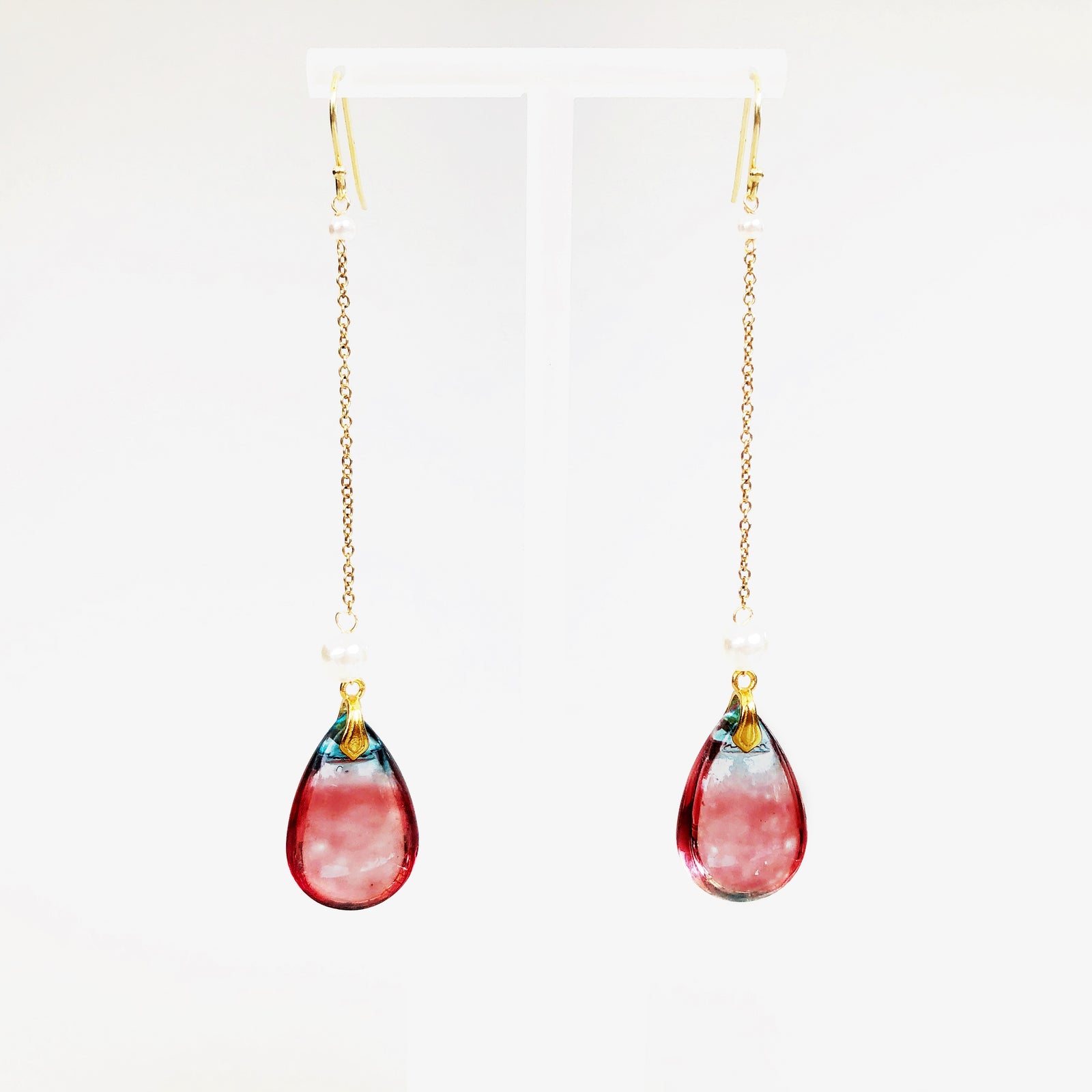 Red Crystal Earrings with Long Dangle Chain