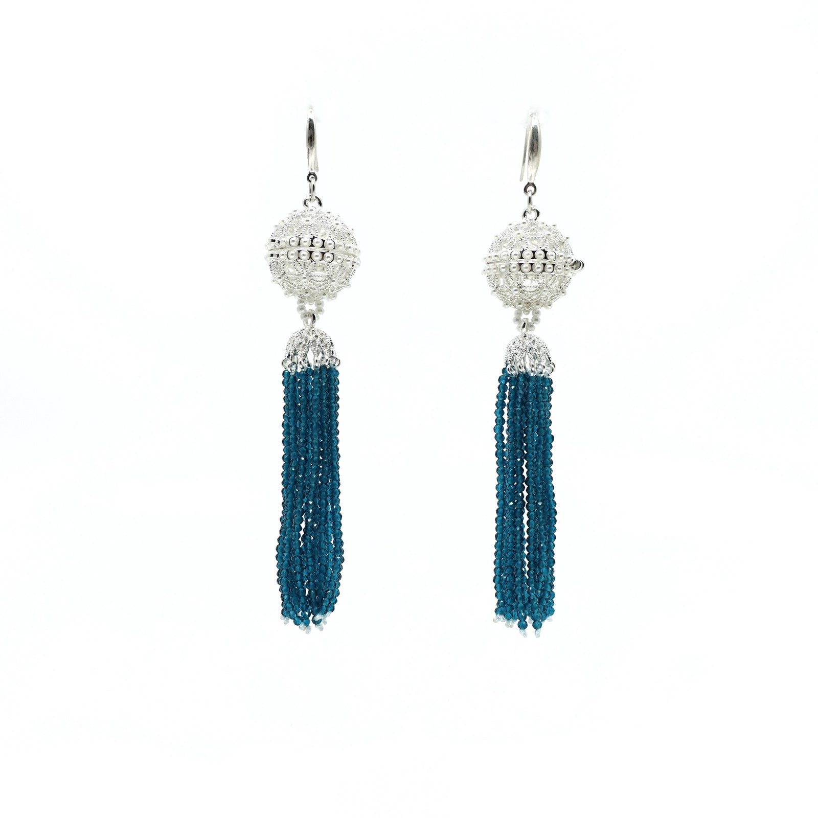 Herbal Locket Crystal Tassel Earrings - Peacock Blue Zirconia - Yun Boutique