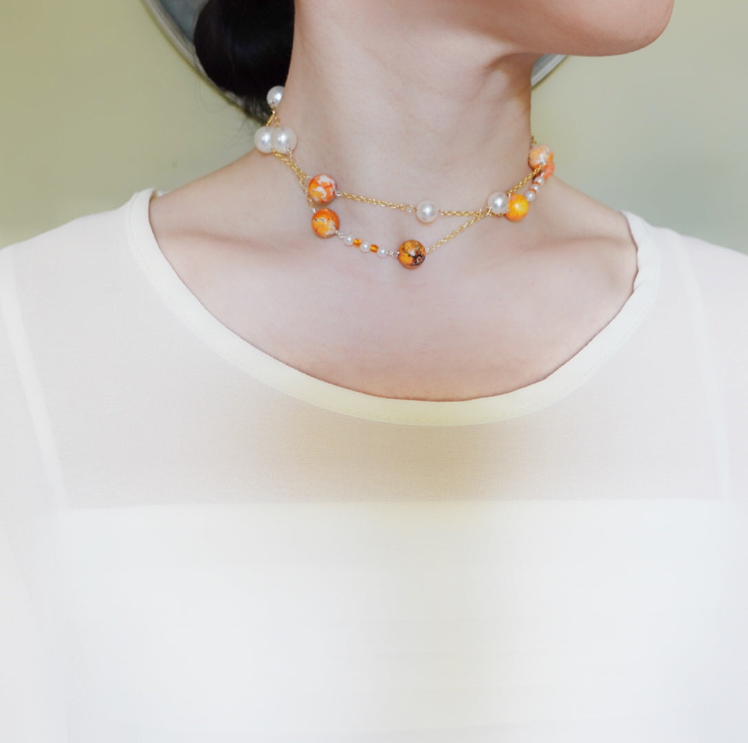 Orange Gemstone and Pearl Necklace and Earrings Set - Yun Boutique