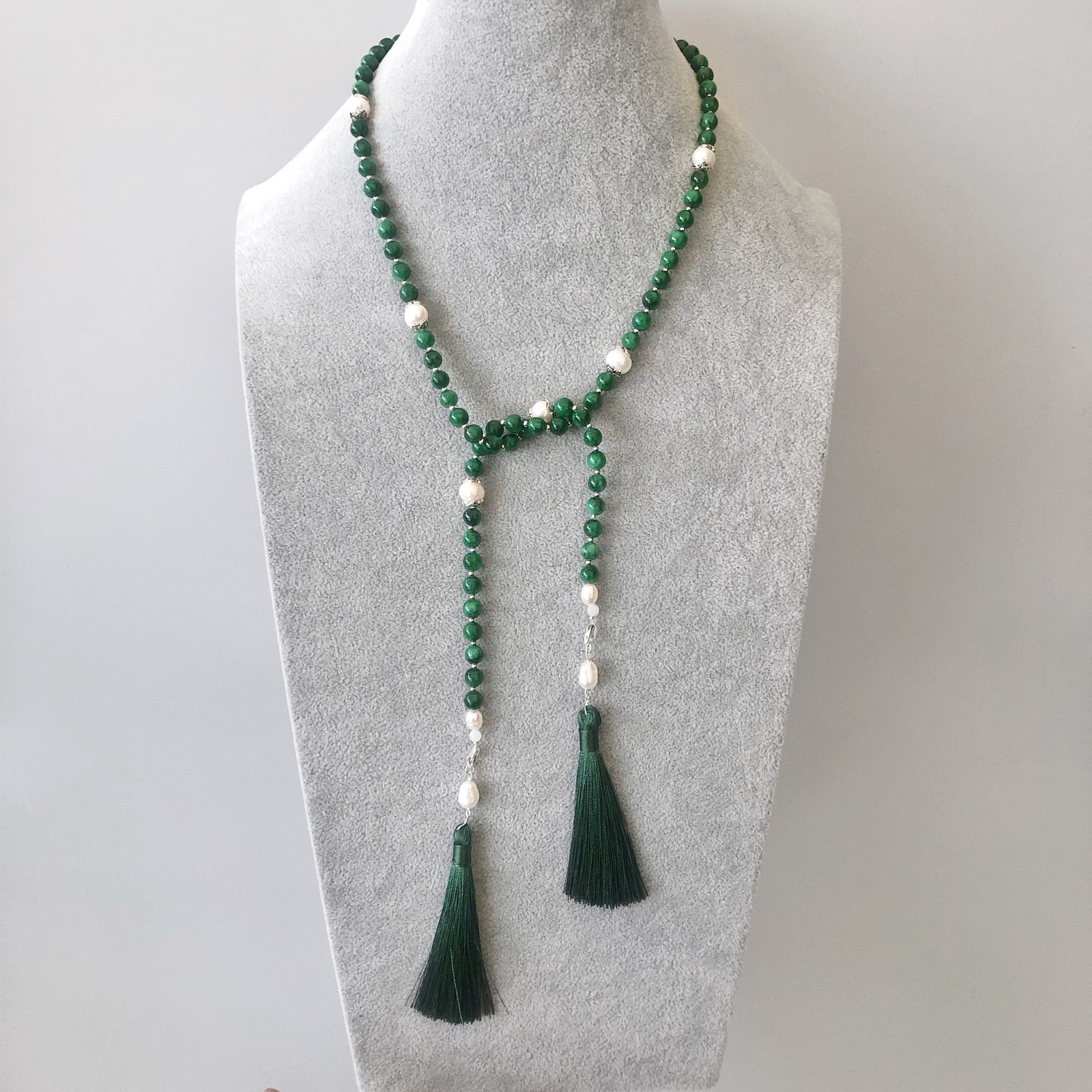 Yun Boutique Return to Origin Jadeite Lariat Green Tassel Necklace Set