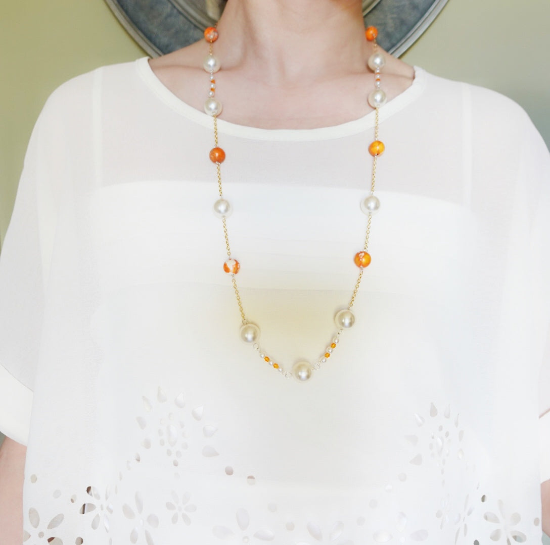 Orange Gemstone and Pearl Necklace and Earrings Set - Yun Boutique