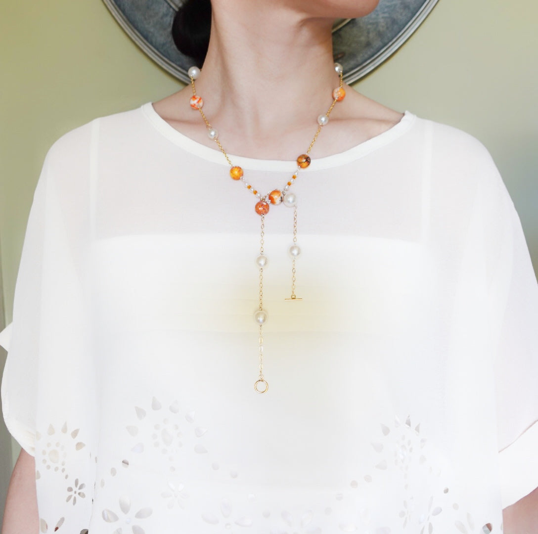Orange Gemstone and Pearl Necklace and Earrings Set - Yun Boutique