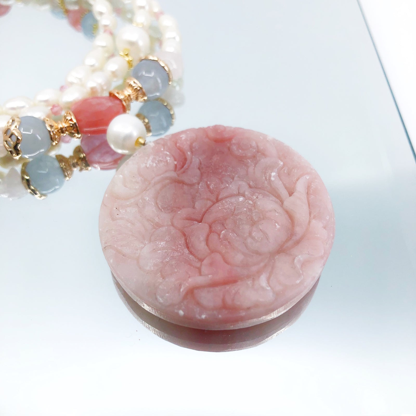 Lengthy Beaded Pearl Necklace with Gemstone Peony Flower Pendant, Pink Gemstone necklace, long pearl necklace, handmade necklace, Peony Flower Necklace, Rhodonite Necklace, pearl necklace silver, silver and pearl necklace, real pearl necklace women, lengthy necklace, long necklace, freshwater pearl necklace, small pearl necklace, long pendant necklace, vintage pearl necklace, natural pearl necklace