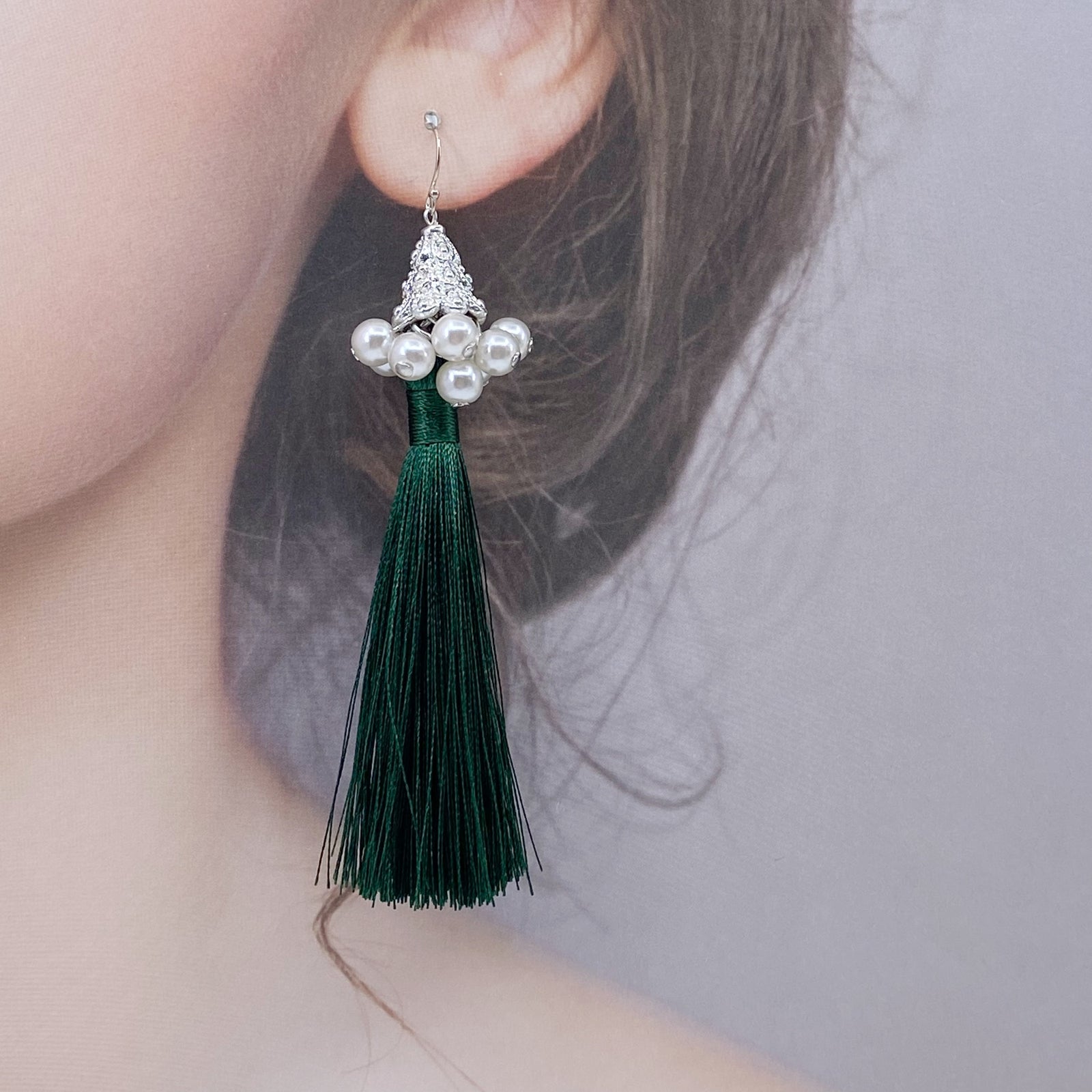 Yun Boutique Silver Asymmetrical Earrings with Red and Green Silk Tassel, Christmas Gift, New Year Gift