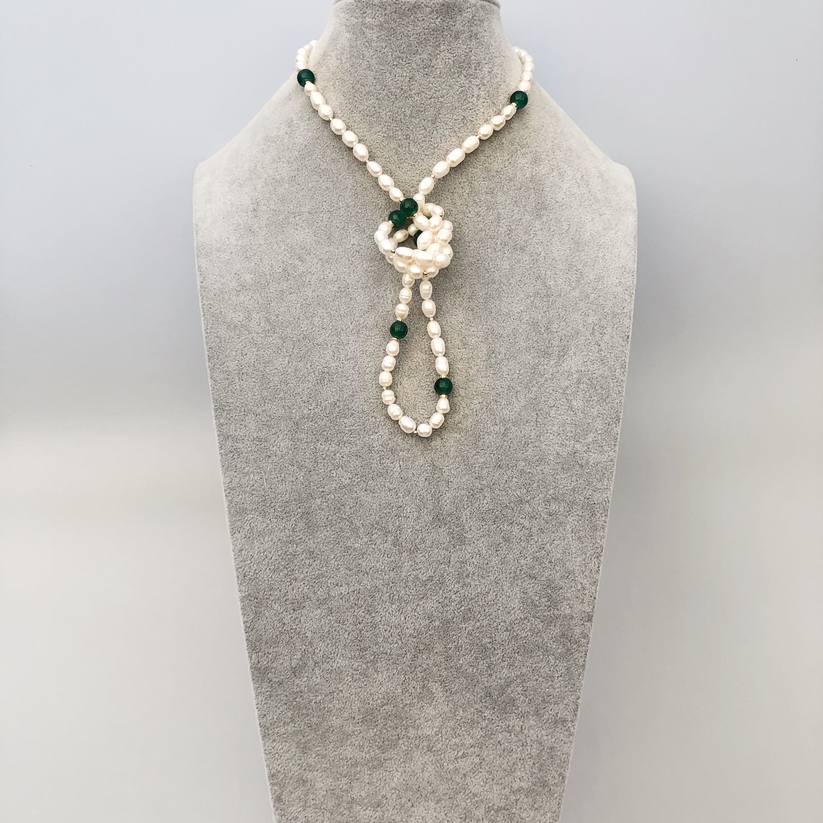 Yun Boutique Beaded Pearl Lariat Necklace Set with Green Tassels