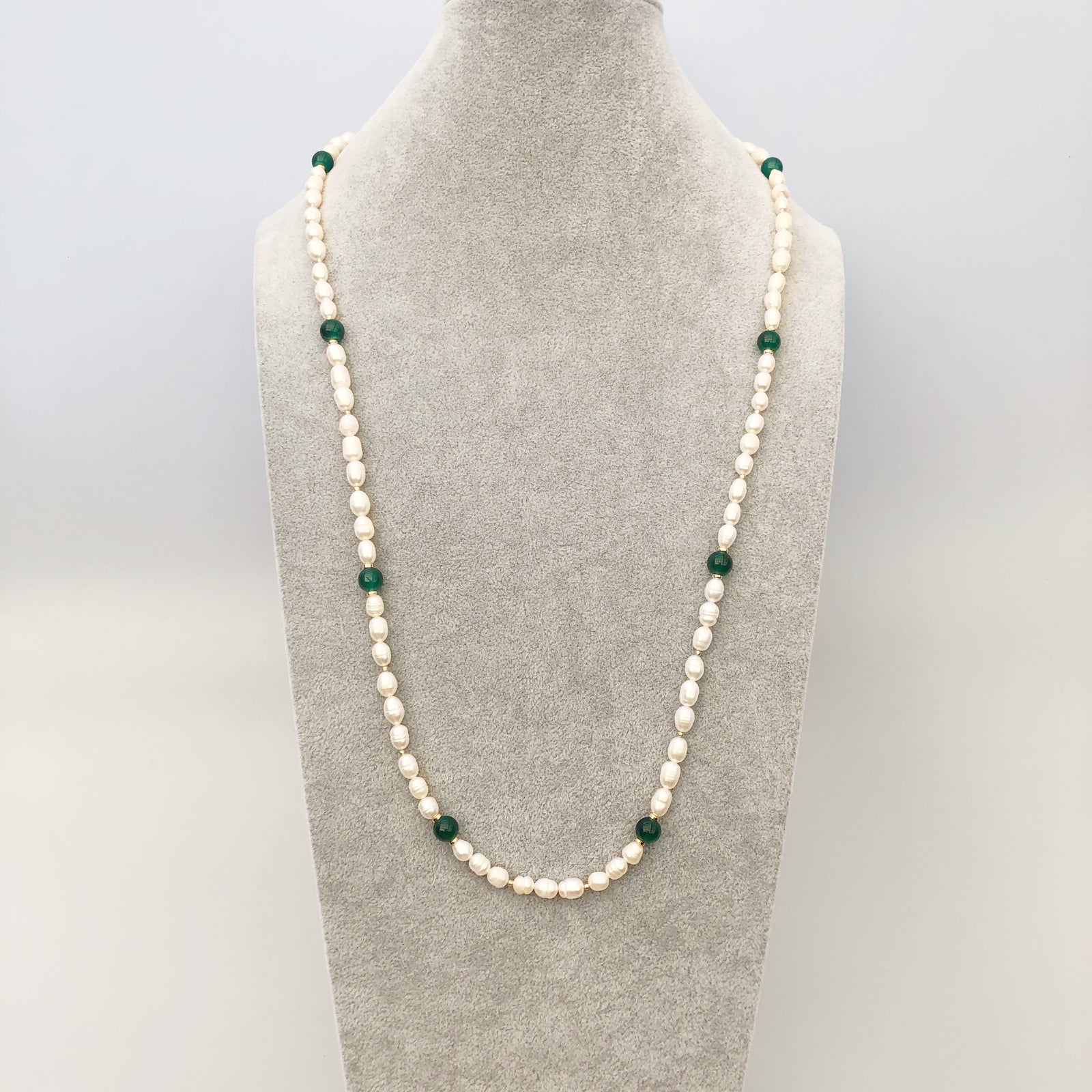 Yun Boutique Beaded Pearl Lariat Necklace Set with Green Tassels