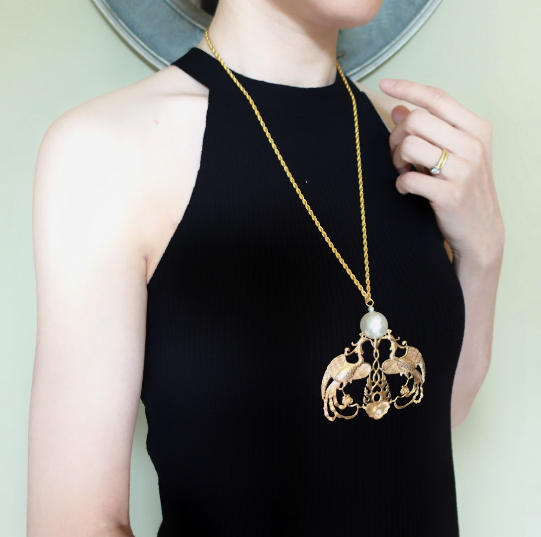 Duo Phoenix Pearl Necklace Gold - Yun Boutique