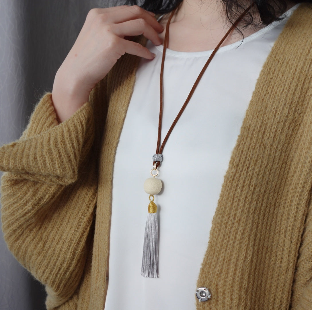 Cord Necklace with Detachable Ivory Nut Tassel Pendant