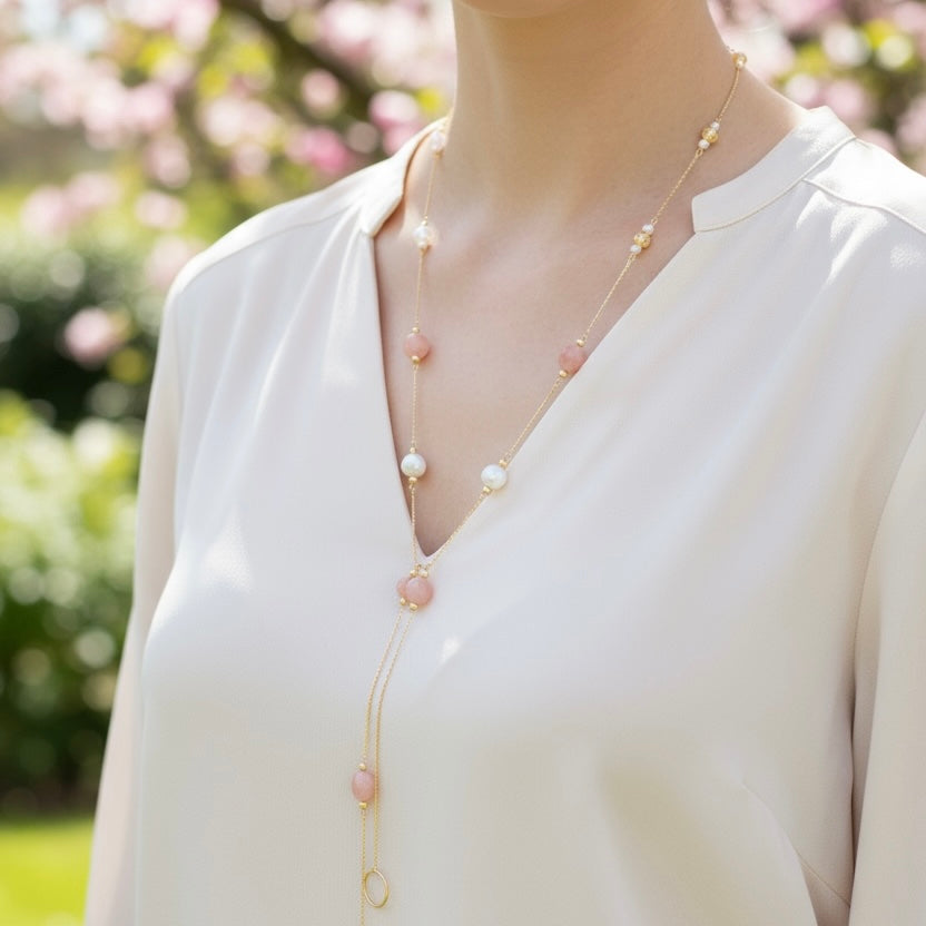 Spring Sakura Agate Long Necklace - Yun Boutique