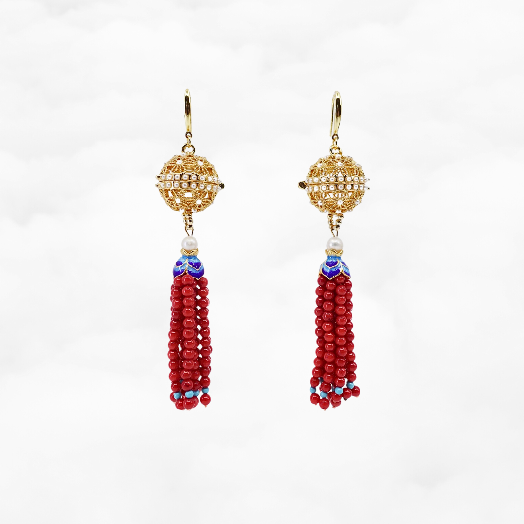 Herbal Locket Gemstone Tassel Earrings - Red Coral