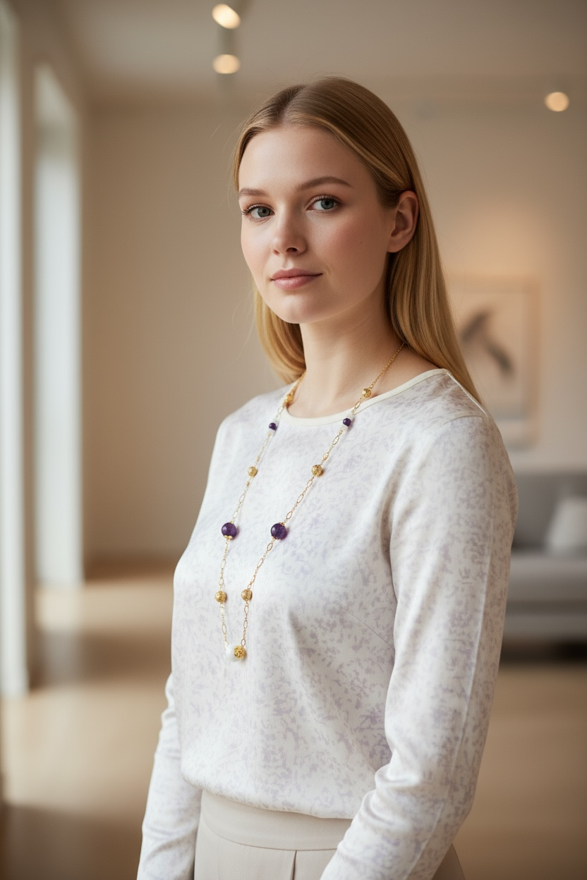 Winter Amethyst and Tridacna Long Chain Necklace