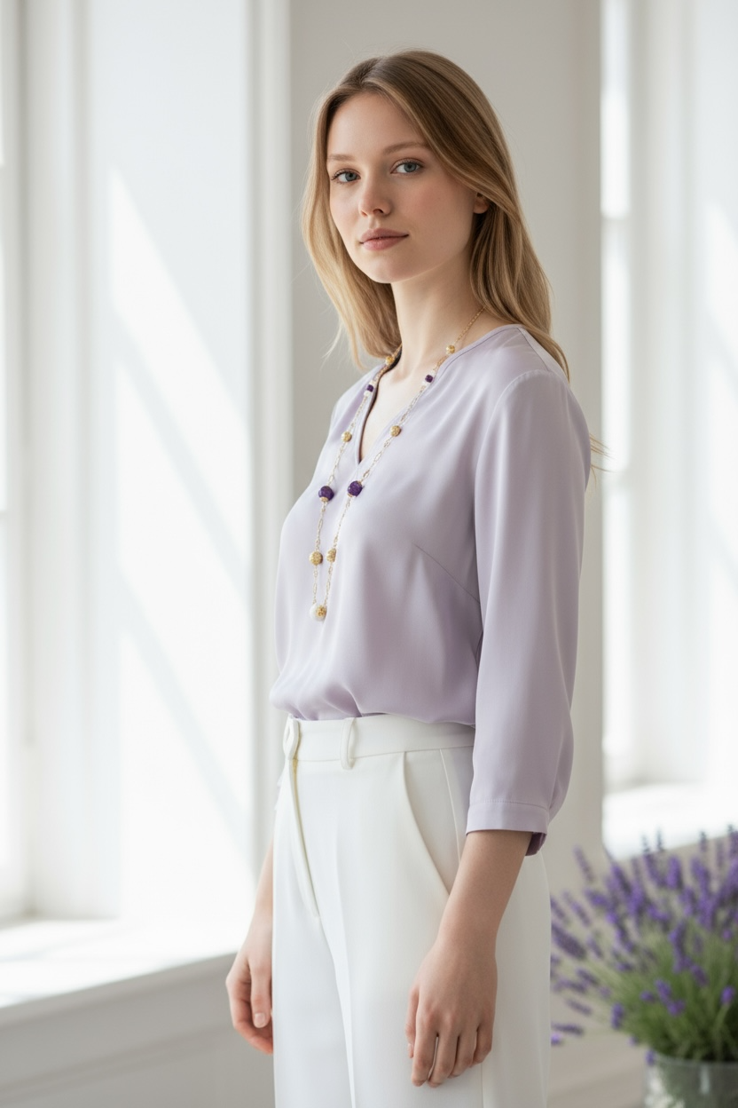 Winter Amethyst and Tridacna Long Chain Necklace