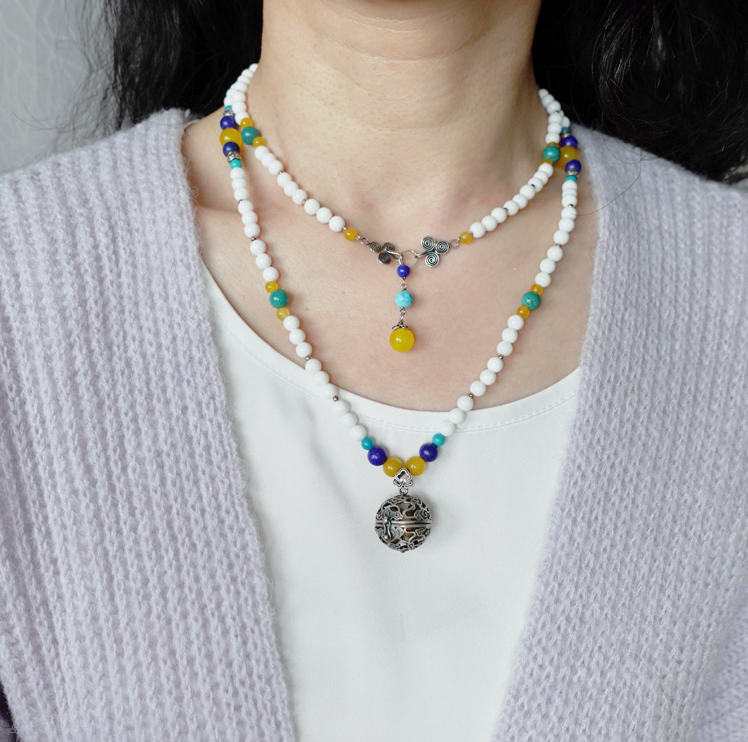 Silver Auspicious Cloud Locket Tridacna Necklace - Yun Boutique