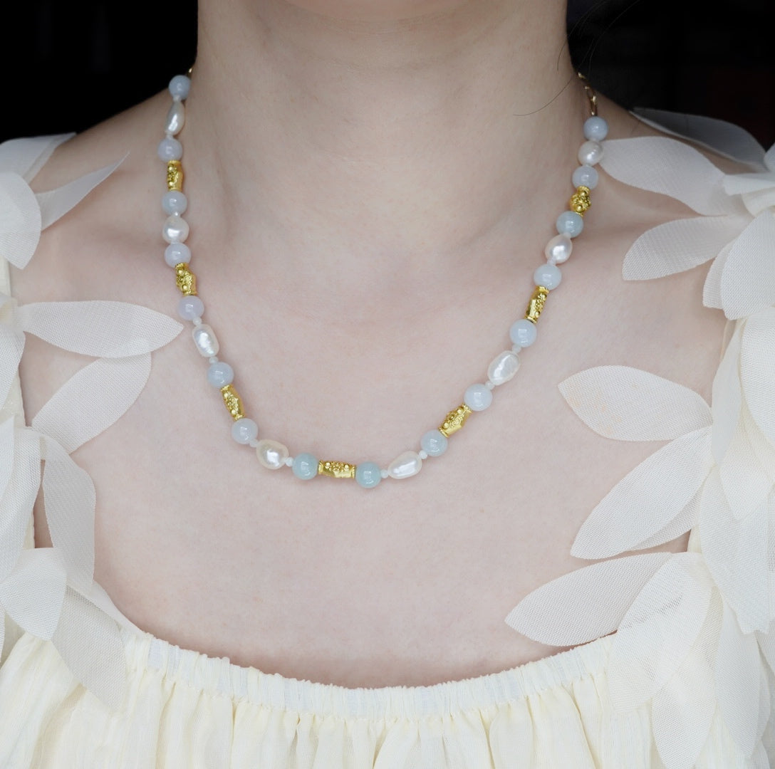 Elf Forest Mint Jadeite and Pearl Statement Necklace Gold - Yun Boutique
