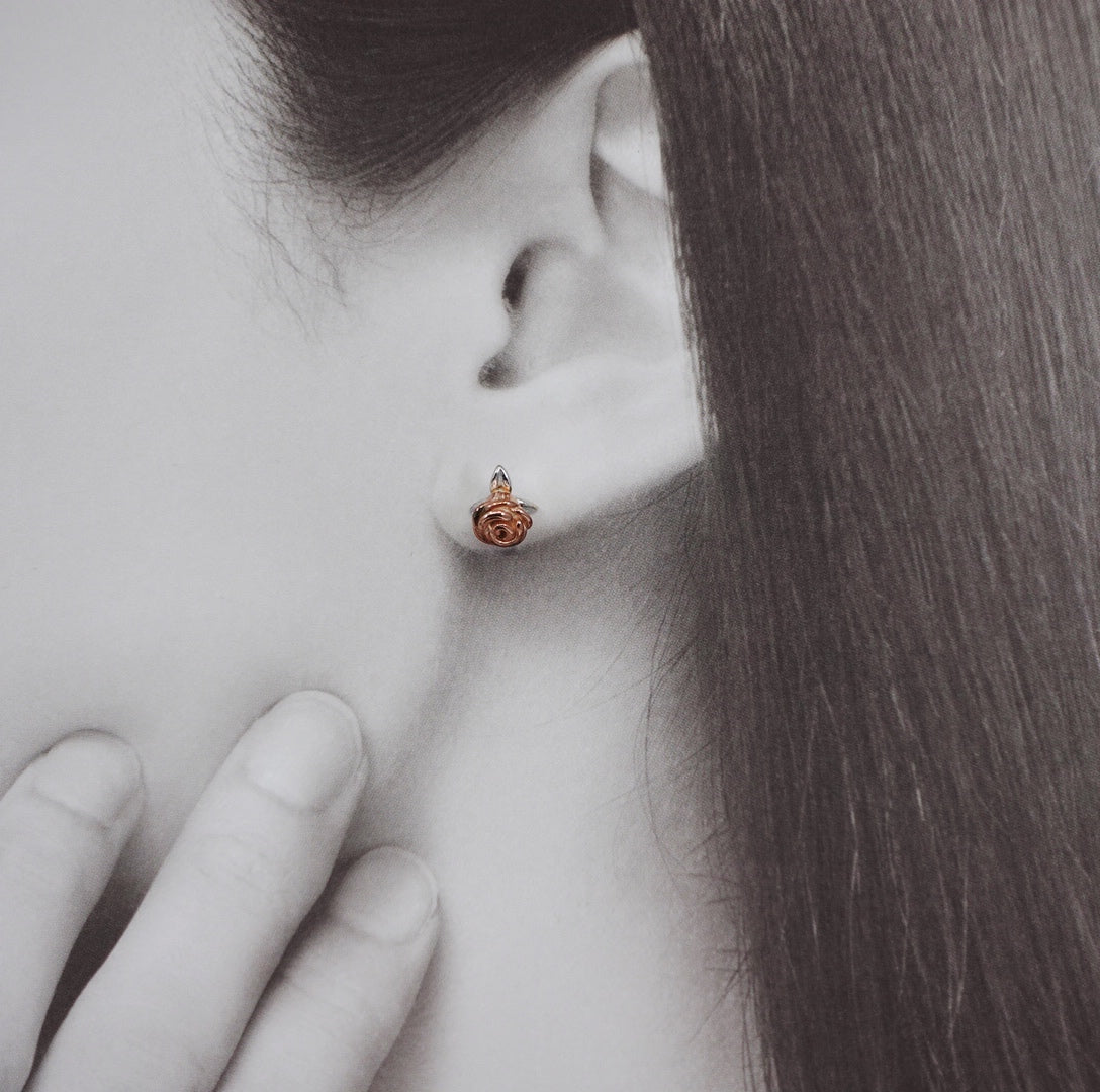 Rose Flower Stud Earrings in Sterling Silver with Pearl Ear Nut - Yun Boutique